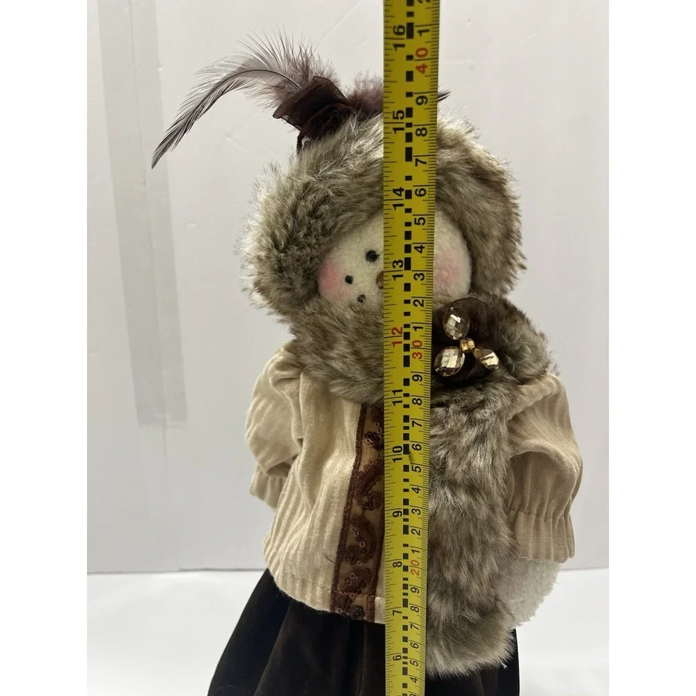 Christmas Decorative Snowwoman Plush Faux Fur Hat & Coat Brown Tan Feathers 16